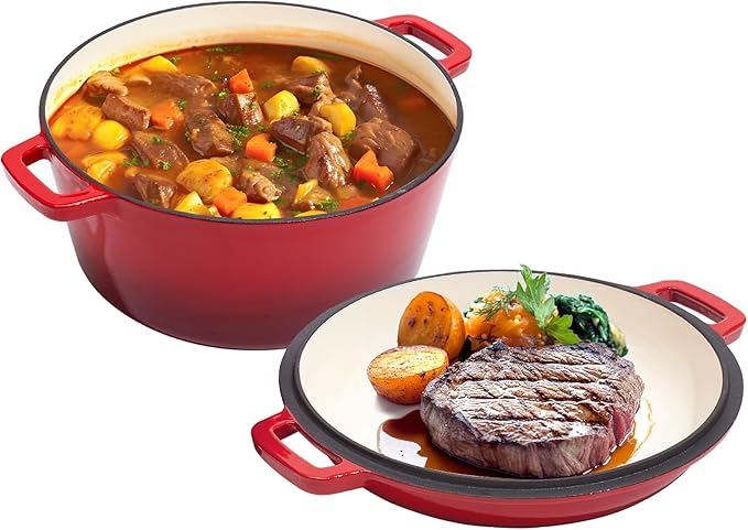 2 in 1 Enameled Cast Iron Dutch Oven Pot 6QT with 2QT Lid